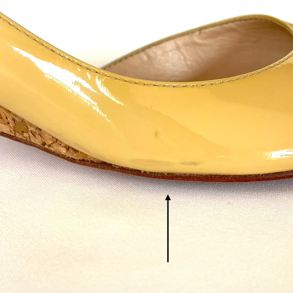 Arturo Chiang Talitha Dijon Yellow Patent Peep Toe Cork Wedge Heels, Size 9M